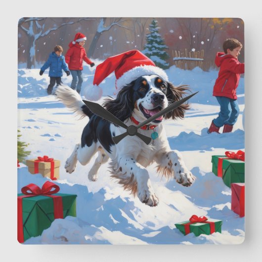 Springer Spaniel Running Snow mit Weihnachtshut Quadratische Wanduhr (Vorderseite)