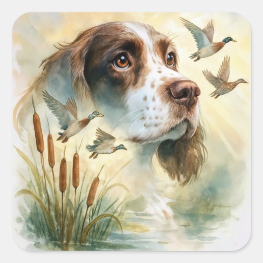 Springer Spaniel und Mallard Duck Doppelexposition Quadratischer Aufkleber (Vorderseite)