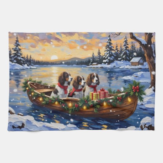Springer Spaniel Weihnachtsboot Urlaub Geschirrtuch (Horizontal)