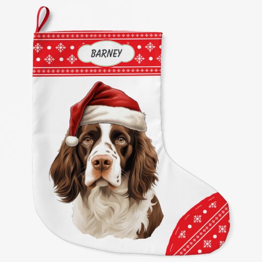 Springer Spaniel Weihnachtsmannmütze Snowflake Bor Großer Weihnachtsstrumpf (Vorderseite)