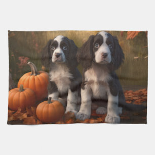 Springer Spaniel Welpe Herbstfreude Kürbis Geschirrtuch