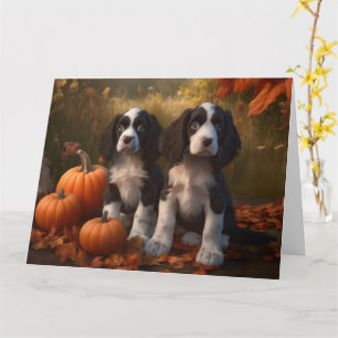 Springer Spaniel Welpe Herbstfreude Kürbis Karte