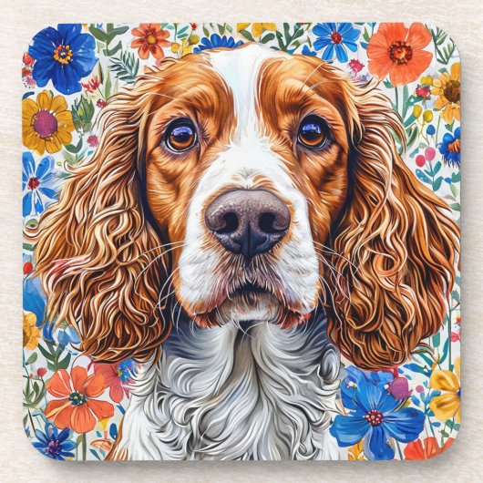 Springer Spanier mit farbenprächtigem Blumenhinter Getränkeuntersetzer (Vorderseite)
