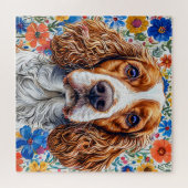 Springer Spanier mit farbenprächtigem Blumenhinter Puzzle (Horizontal)