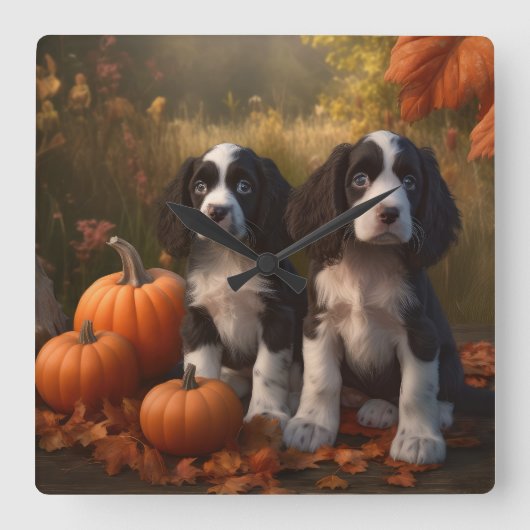 Springer Spanier Welpe Autumn Delight Pumpkin Quadratische Wanduhr (Vorderseite)