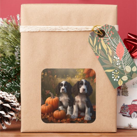 Springer Spanier Welpe Autumn Delight Pumpkin Quadratischer Aufkleber (Feiertag)