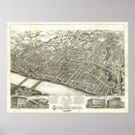 Springfield Mass. 1875 Antique Panoramabalkarte Poster (Vorne)