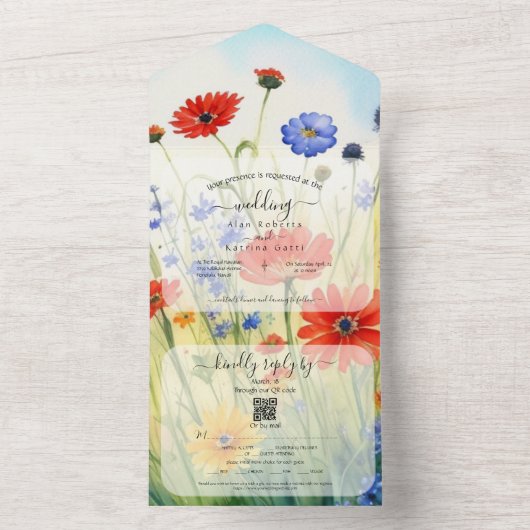 SpringMeadow-Wildblumen in einer Hochzeit laden All In One Einladung (Innen Boden)