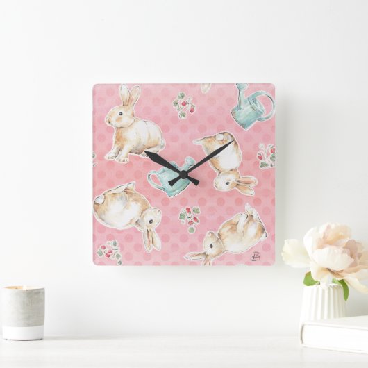 Springtime Bunnies Pattern Quadratische Wanduhr (Zuhause)