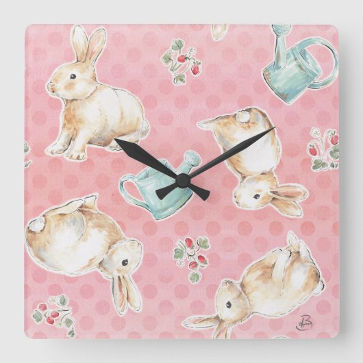 Springtime Bunnies Pattern Quadratische Wanduhr (Vorderseite)