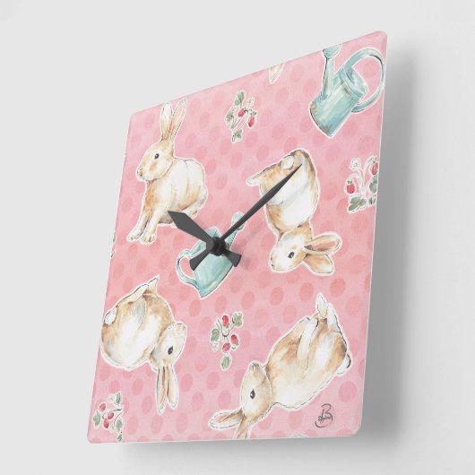 Springtime Bunnies Pattern Quadratische Wanduhr (Winkel)