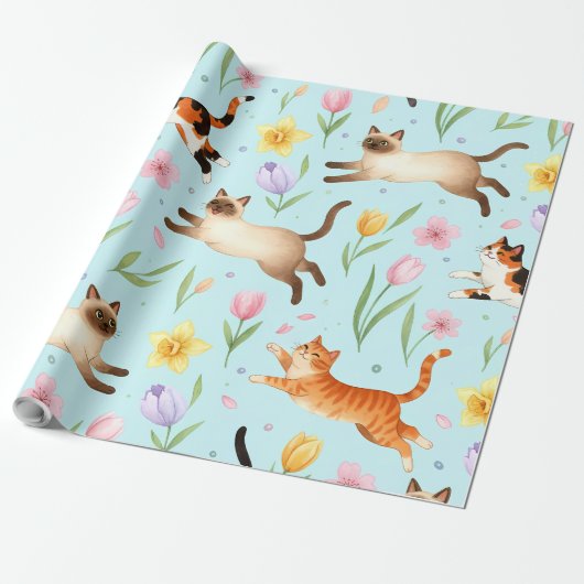 Springtime Cat Parade – Leaping Felines & Blossoms Geschenkpapier (Ungerollt)