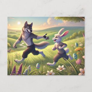 Springtime Chase - spielerischer Wolf und Kaninche Feiertagspostkarte