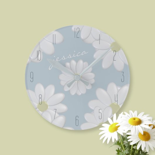 Springtime Daisies Blue Modern Floral Daisy Clock Runde Wanduhr
