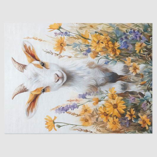 Springtime Goat Kid Gelbe Wildblumen Decoupage Seidenpapier (Vorderseite)