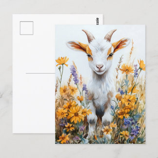 Springtime Goat Kid Yellow Wildblumen Postkarte