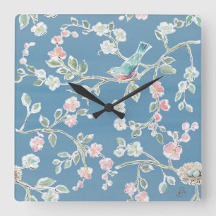 Springtime Pattern - Birds & Flowers Quadratische Wanduhr