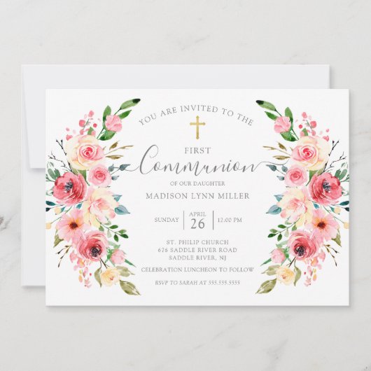 Springtime Peonies Floral First Communation Einladung (Vorderseite)