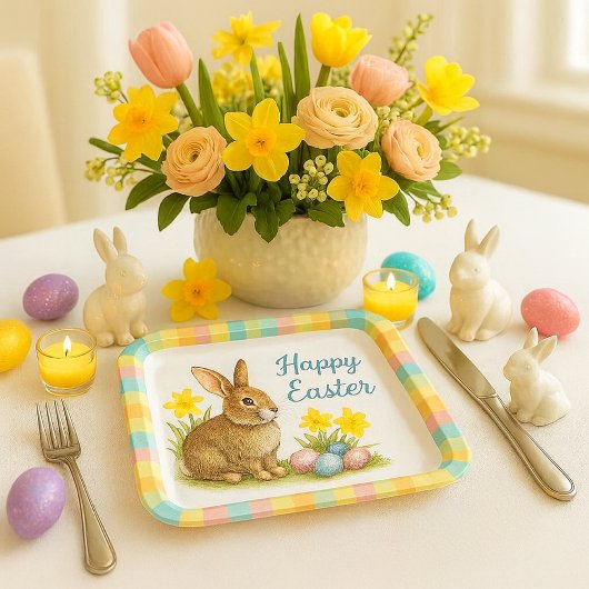 Springtime Plaid with Easter Bunny Paper Plate Pappteller