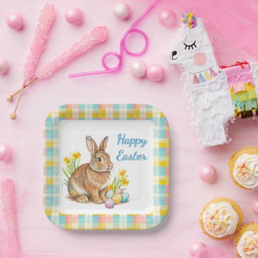 Springtime Plaid with Easter Bunny Paper Plate Pappteller (Party)