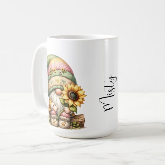 Springtime Sunflower Gnome Keramik Tasse (Vorderseite Links)