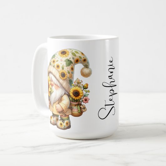 Springtime Sunflower Gnome Keramik Tasse (Vorderseite Links)