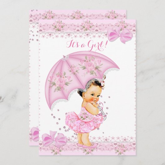 Sprinkle Baby Dusche Girl Floral Pink Umbrella Einladung (Vorne/Hinten)