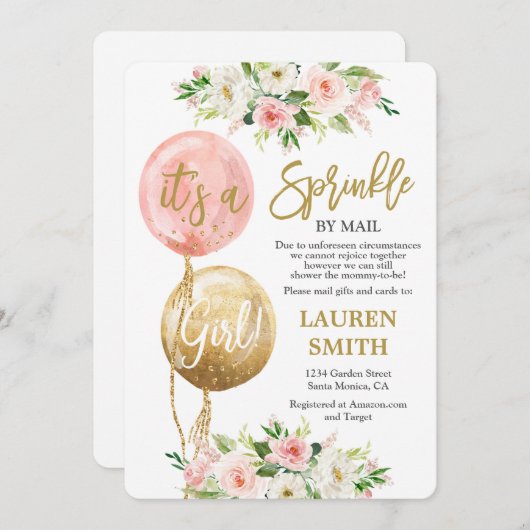 Sprinkle by Mail rosa Ballons Baby Duschmädchen Einladung (Vorne/Hinten)