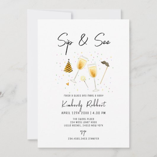 Sprinkle Sip and See Champagner Glass Baby Dusche Einladung (Vorderseite)
