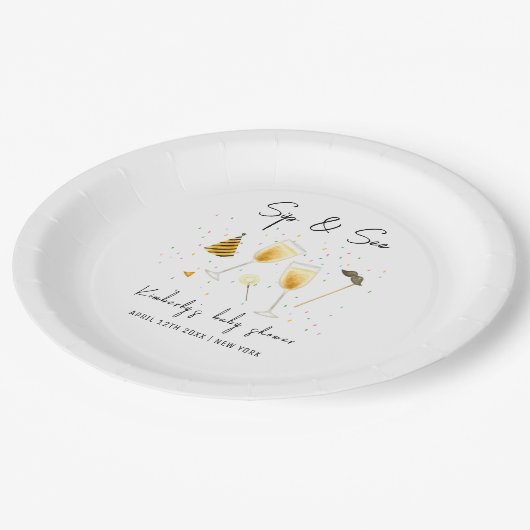 Sprinkle Sip and See Champagner Glass Baby Dusche Pappteller (Schrägansicht)