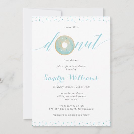 Sprinkler Donut Script Baby Dusche Invitation_Blue Einladung (Vorderseite)