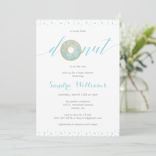 Sprinkler Donut Script Baby Dusche Invitation_Blue Einladung (Stehend Vorderseite)