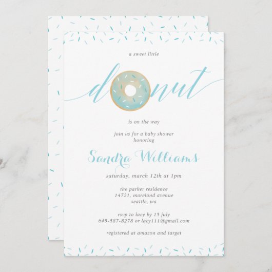 Sprinkler Donut Script Baby Dusche Invitation_Blue Einladung (Vorne/Hinten)