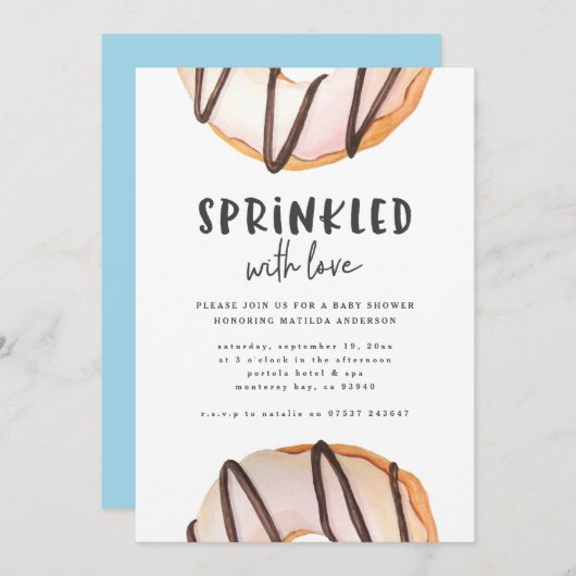 Sprinkler mit Liebe Donut Babydusche Ankündigung (Vorne/Hinten)