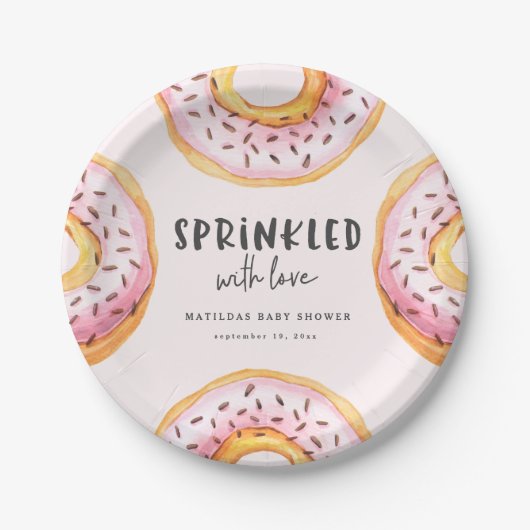 Sprinkler mit Liebe Donut Babydusche Pappteller (Vorderseite)
