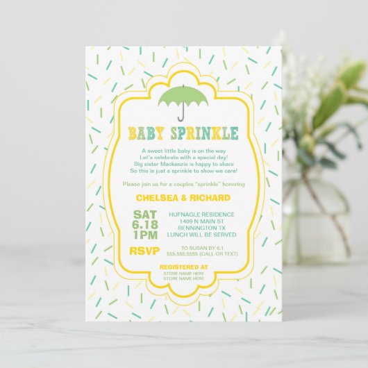 Sprinkles Baby Dusche lädt grün gelb aquamarin ein Einladung (Stehend Vorderseite)