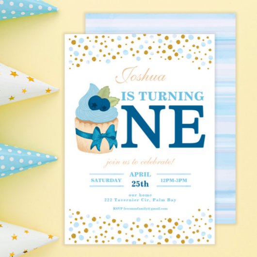 Sprinkles Sweet Blueberry Cupcake 1. Geburtstag Einladung