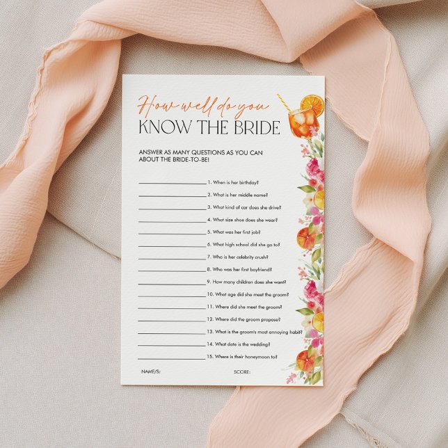 Spritz Citrus Brautparty-Spiele Kennt die Braut (How well do you know the Bride? Love at First Spritz Bright Floral Citrus Theme)