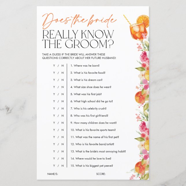Spritz Citrus Bridal Shower Games Bride Know Groom (Vorderseite)