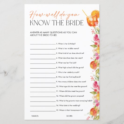 Spritz Citrus Bridal Shower Games Know the Bride (Vorderseite)