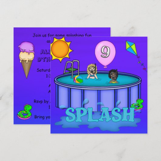 "Spritzen-" Pool-Party-9. Geburtstag Einladung (Vorne/Hinten)