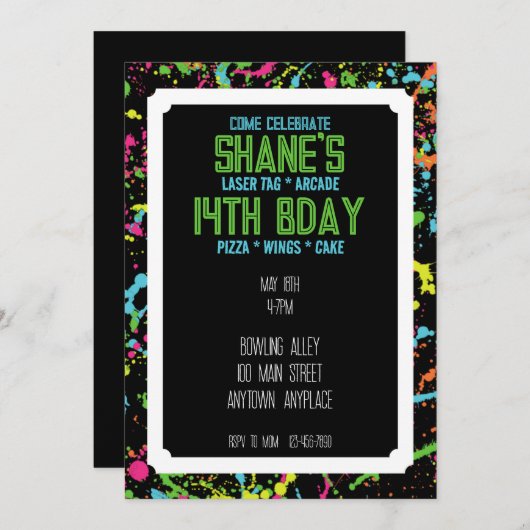 Spritzer Paintball Einladung zum Geburtstag (Vorne/Hinten)