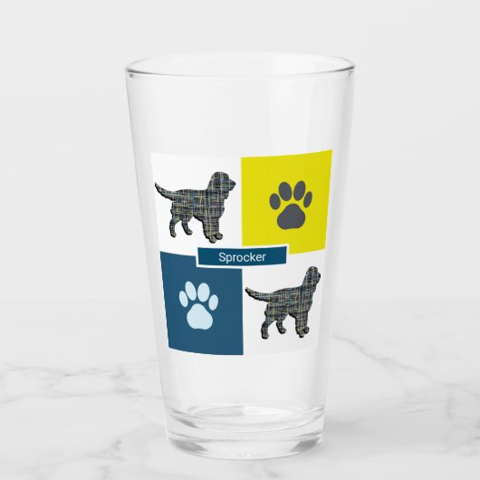 Sprocker Spanel Hund Silhouette & Paw Y&B Grid Glas (Vorderseite)