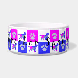 Sprocker Spaniel Dog & Paw Hot Pink & Blue Bowl Napf