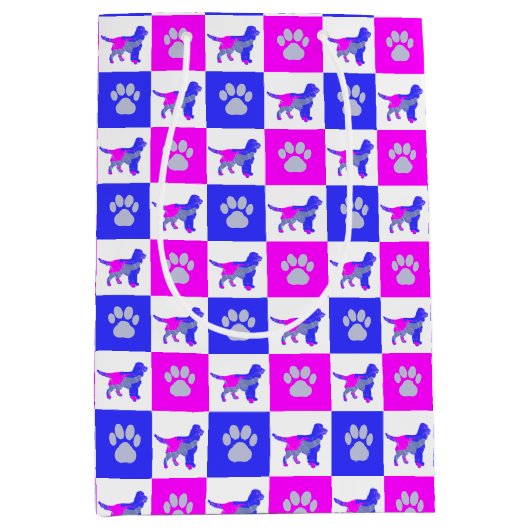 Sprocker Spaniel Dog & Paw Print Hot Pink & Blue Mittlere Geschenktüte (Vorderseite)