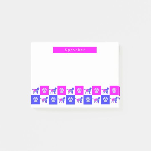 Sprocker Spaniel Dog & Paw Print Hot Pink & Blue Post-it Klebezettel (Vorderseite)