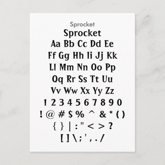 Sprocket - Zazzle-Schriftart-Musterblatt Postkarte (Vorderseite)