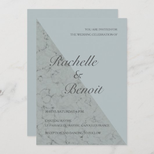 Spruce blauer grauer Marmor elegante moderne Hochz Einladung (Vorne/Hinten)