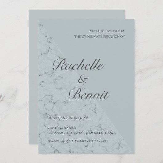 Spruce blauer grauer Marmor elegante moderne Hochz Einladung (Vorne/Hinten)