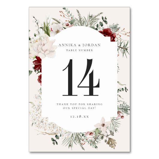 Spruce & Lace | Winterblumenkarte Tischnummer (Vorderseite)